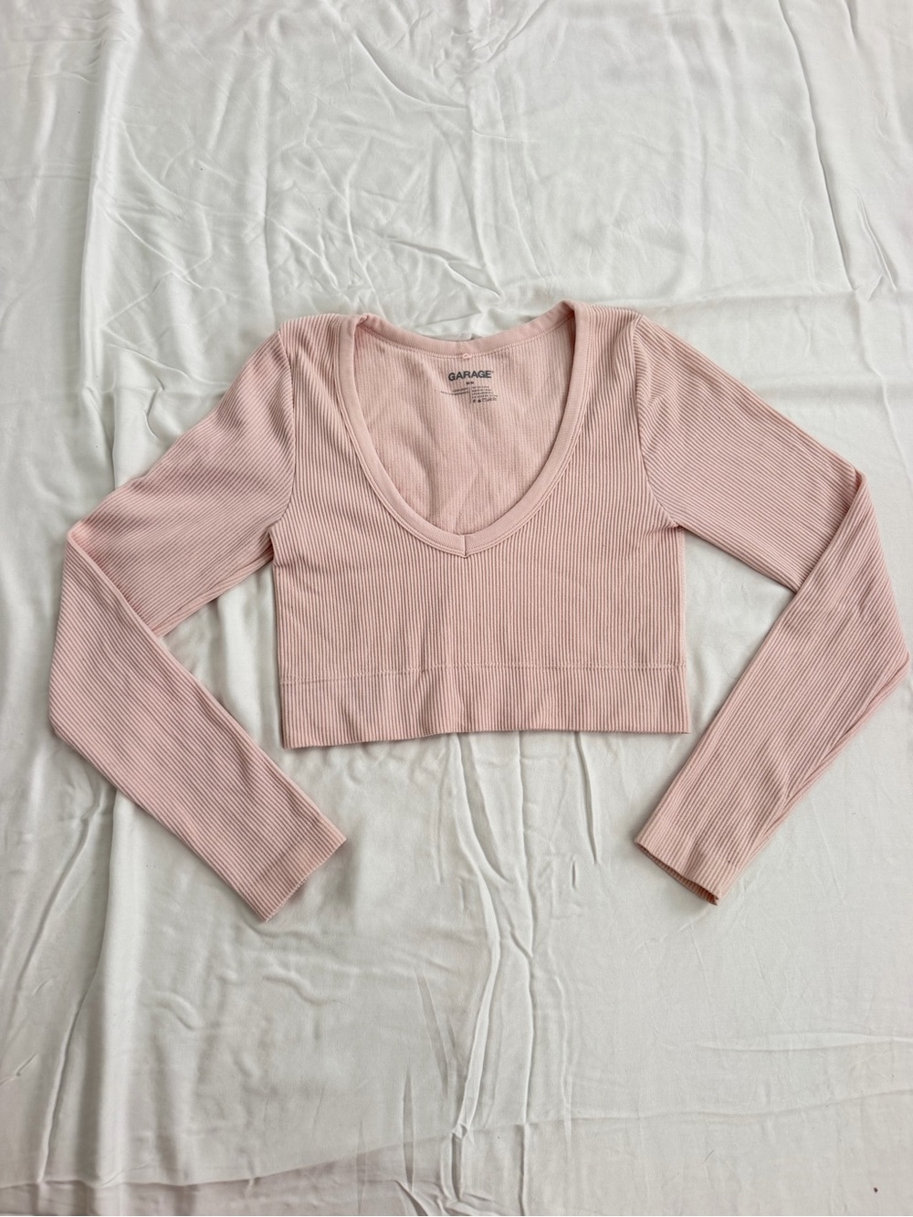 Garage Pale Blush Ribbed V-Neck Long Sleeve Crop Top